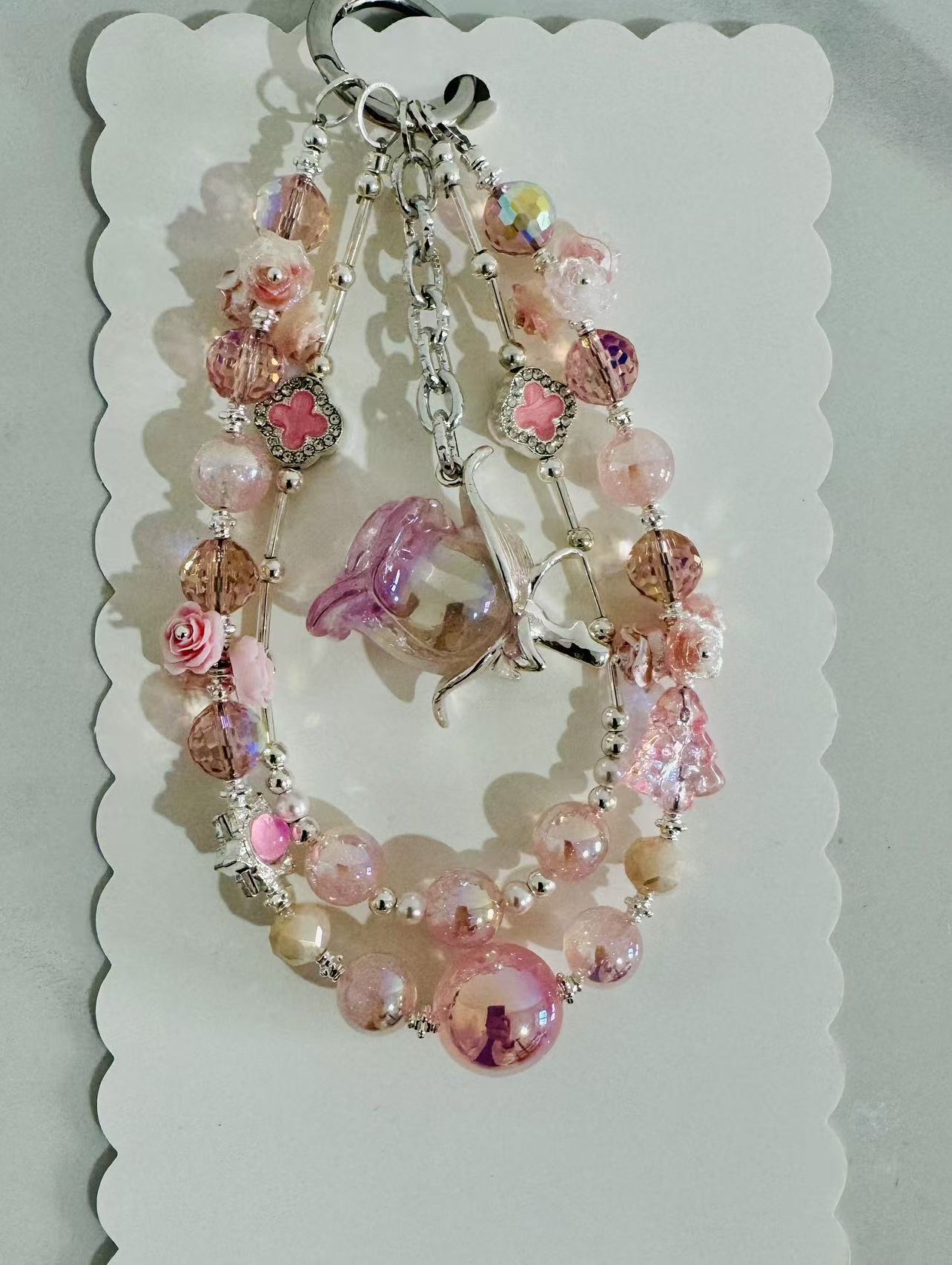 Pink Crystal Rose Phone Chain mix