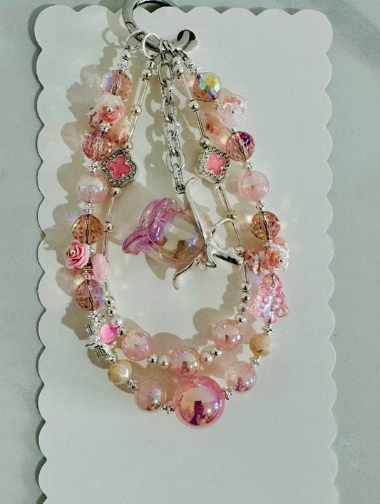 Pink Crystal Rose Phone Chain mix